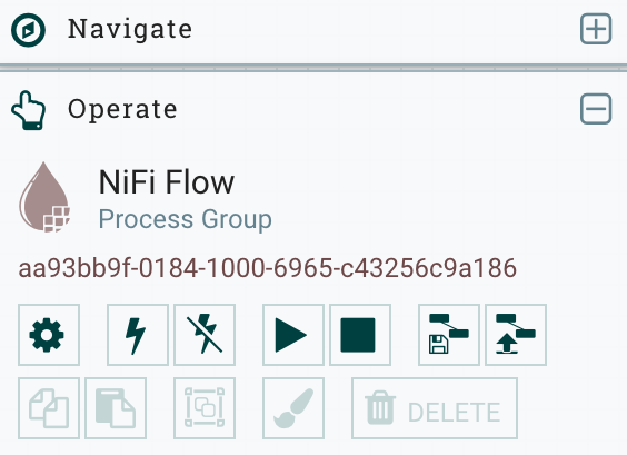 Страница NiFi Flow Configuration с выделенной кнопкой с иконкой шестерёнки